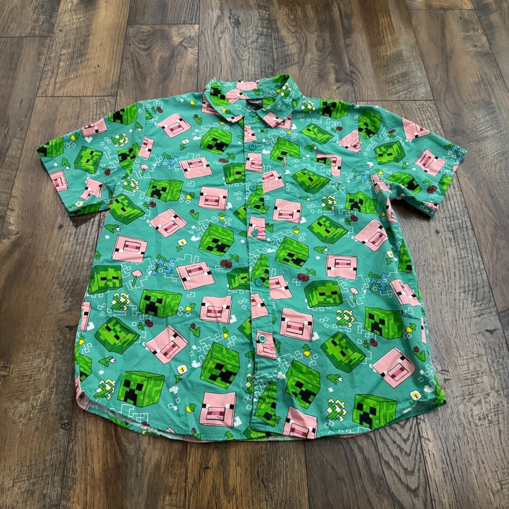 Minecraft Youth Boys XXL 18 Short Sleeve Button Down Shirt Green Creeper Cotton